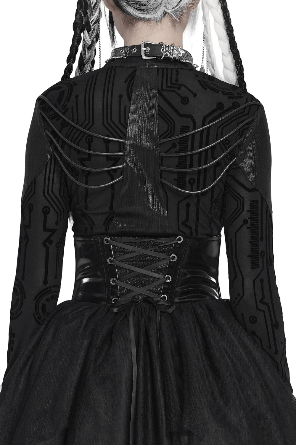 Gothic Corset Belt with Metal Cross Stud Details Trim worn over a black techno-inspired outfit with lace up back.