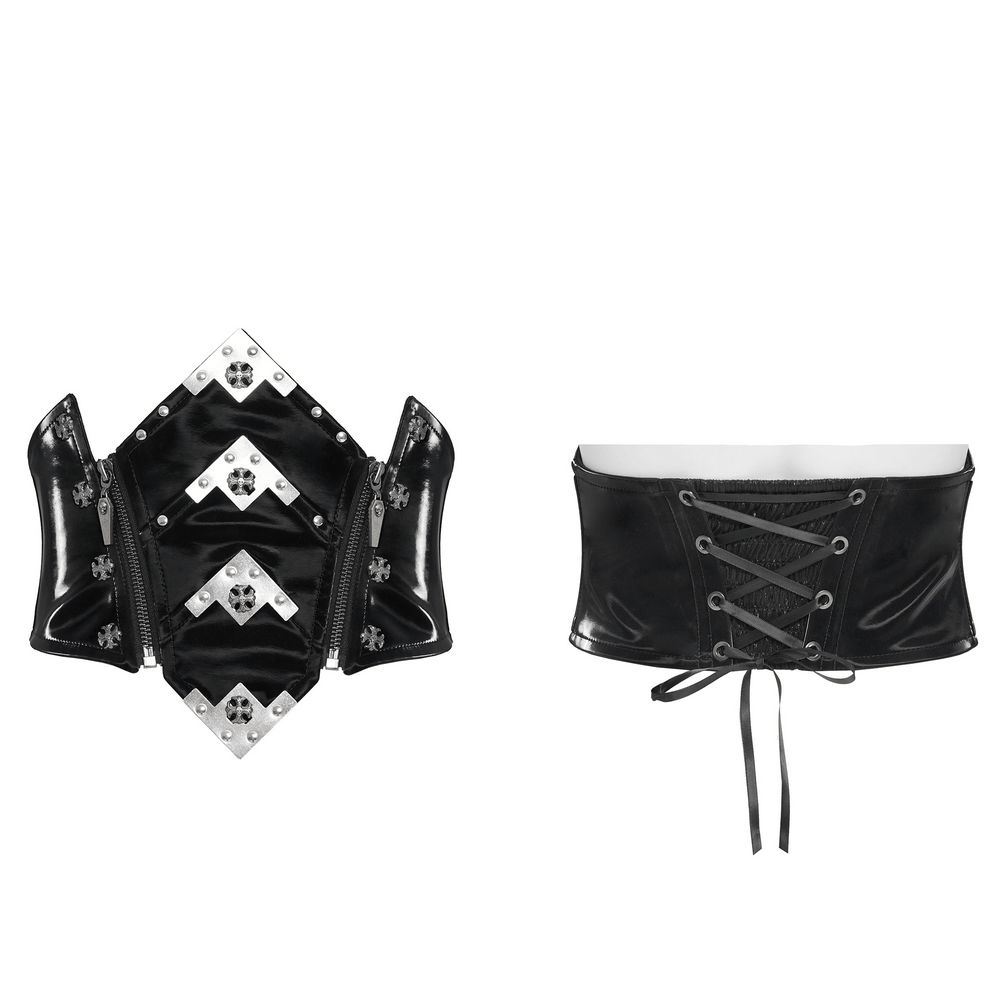 Gothic Corset Belt with Metal Cross Stud Details Trim featuring glossy patent leather and silver-tone accents.