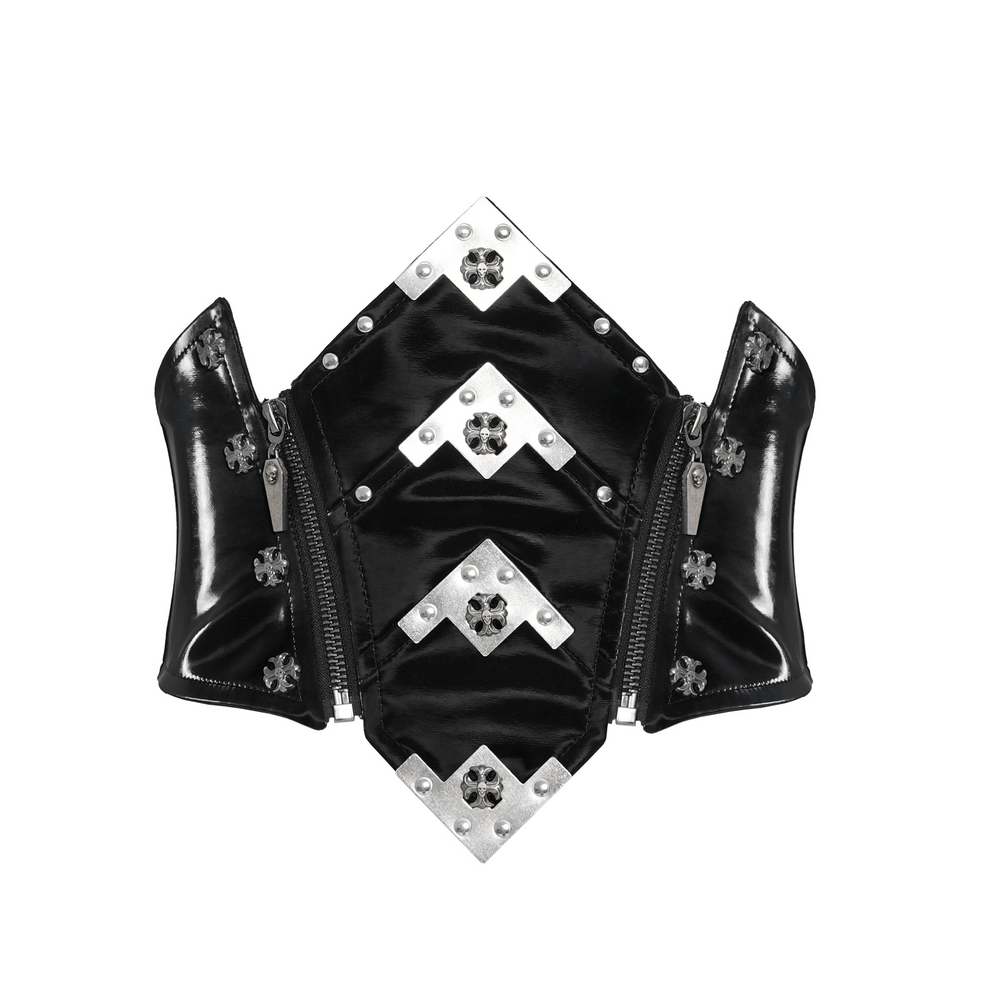 Gothic Corset Belt with Metal Cross Stud Details Trim featuring glossy patent leather and silver-tone accents.
