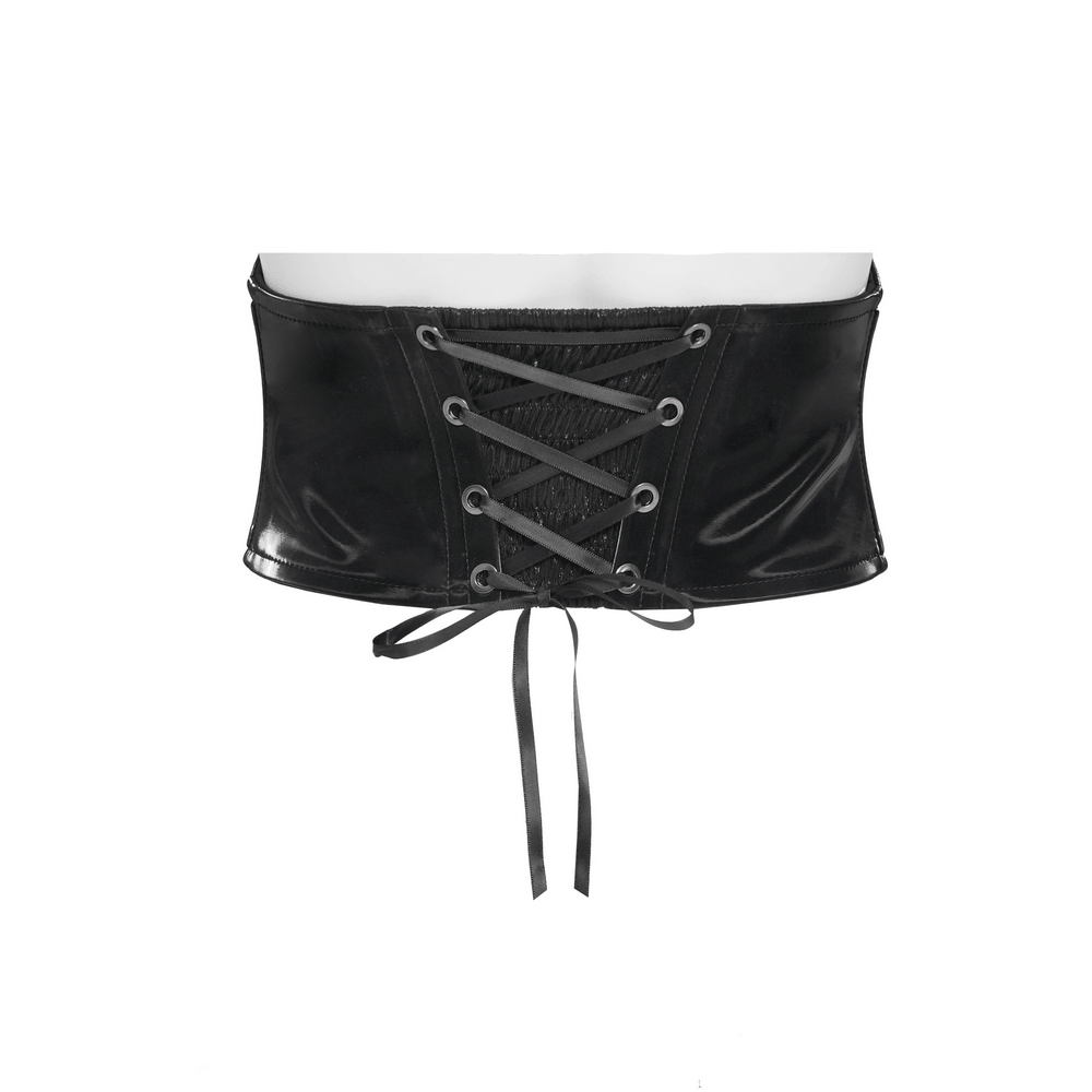 Gothic Corset Belt with Metal Cross Stud Details Trim featuring a lace-up back and glossy black patent leather.