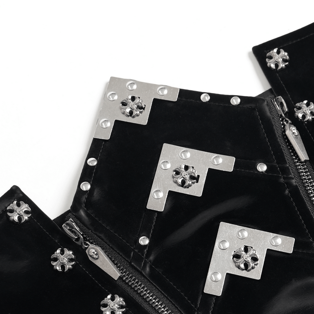Gothic Corset Belt with Metal Cross Stud Details Trim showcasing shiny patent leather, silver-tone cross plates, and rivets.
