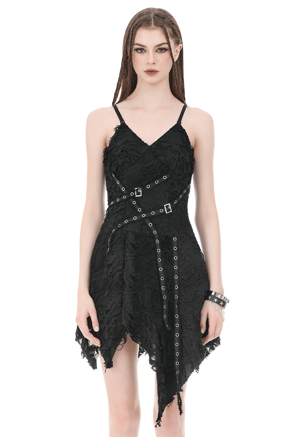Gothic Distressed Asymmetric Dress with Double Buckle Straps features a unique shredded style and eyelet detail.