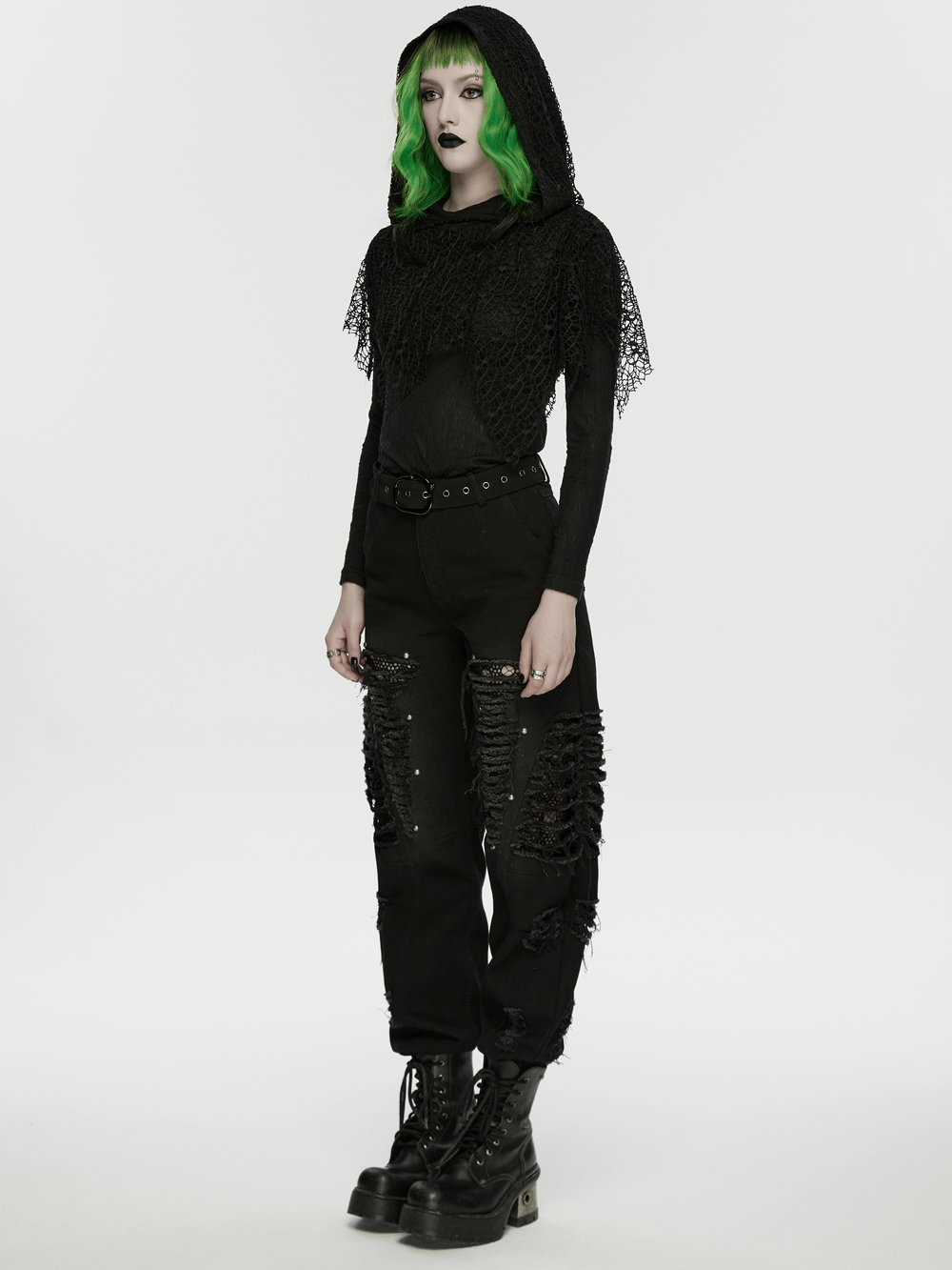 Alt Tag: Gothic Distressed Studded Jeans with Mesh Paneling black ripped punk denim pants with tattered mesh, zip legs and belt detail