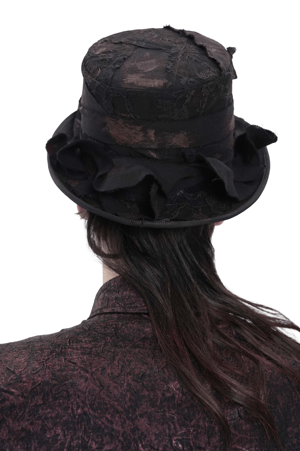 Gothic Distressed Top Hat With Vintage Lace Trim viewed from the back, showcasing its distressed finish and lace accents.