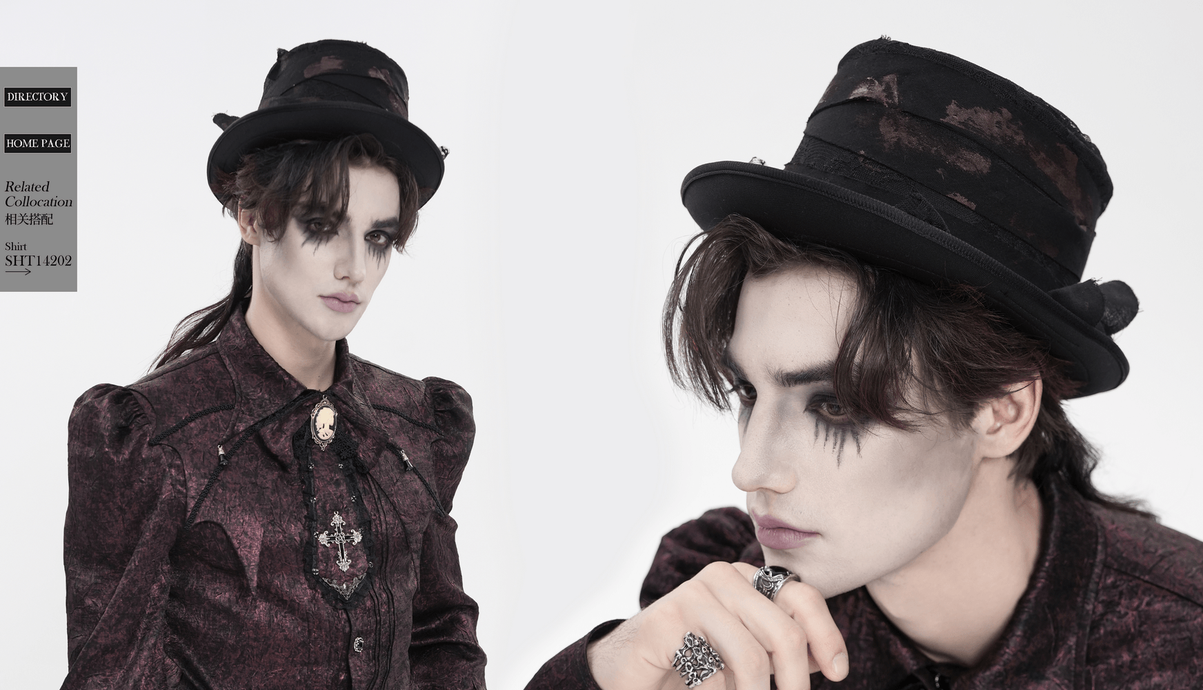 Gothic Distressed Top Hat With Vintage Lace Trim worn by a model, showcasing a dark Victorian-inspired look.