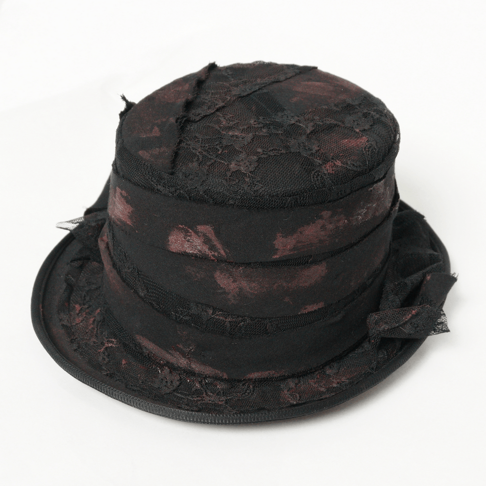 Gothic Distressed Top Hat With Vintage Lace Trim, featuring a distressed black finish and lace accents.