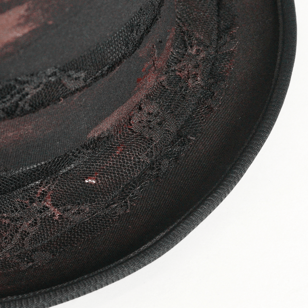 Gothic Distressed Top Hat With Vintage Lace Trim showing intricate lace detailing and a distressed black finish.