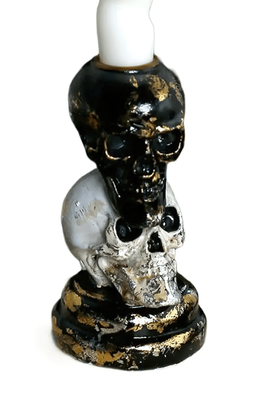 Gothic Double Skull Taper Candle Holder Decor with black and white skull design and golden accents.