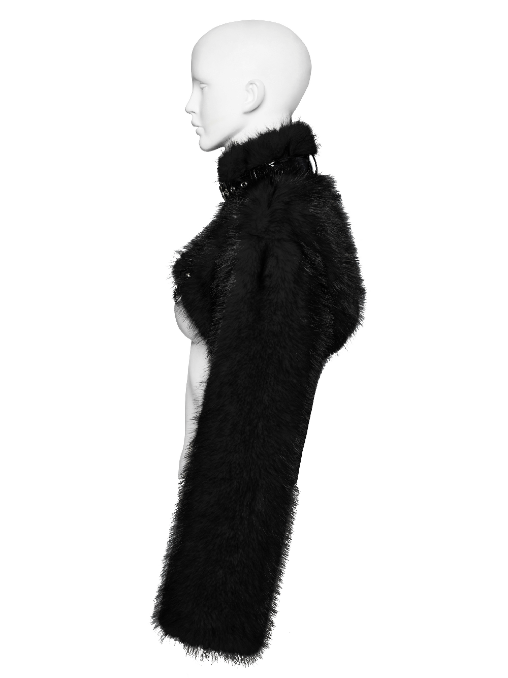 Gothic faux fur cropped jacket with stand collar, zipper, and rivet details on a mannequin.