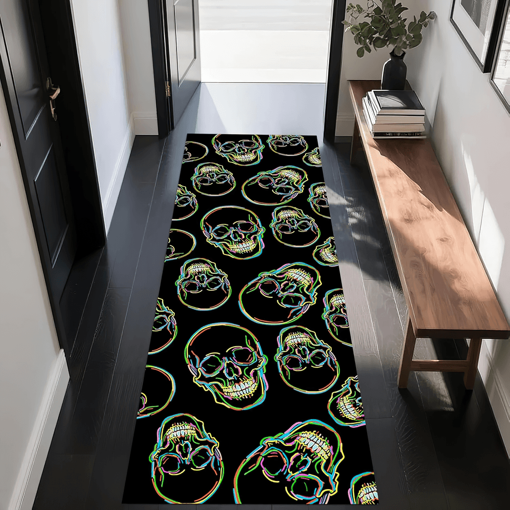 Gothic Hallway Runner Rug with Spooky Art Motifs featuring colorful skull designs on a black background.
