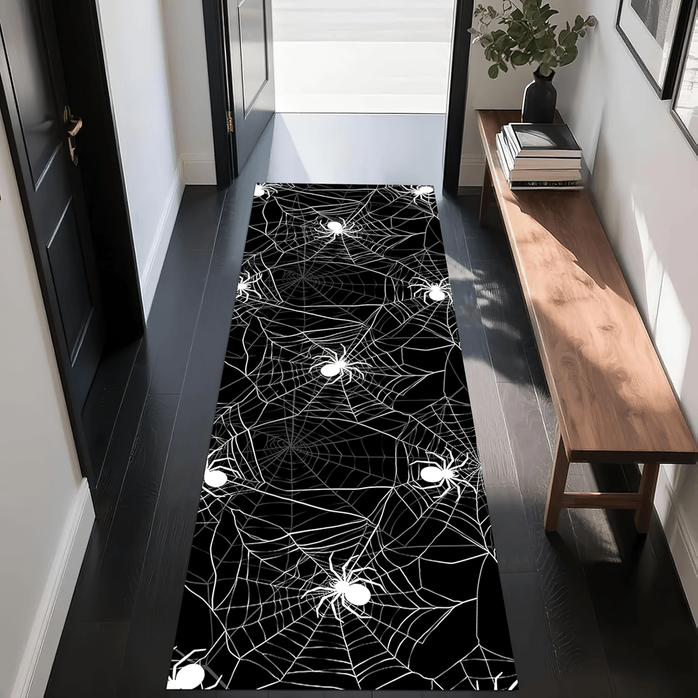 Gothic Hallway Runner Rug with Spooky Art Motifs featuring black background with white spiderwebs and spiders, perfect for dark decor