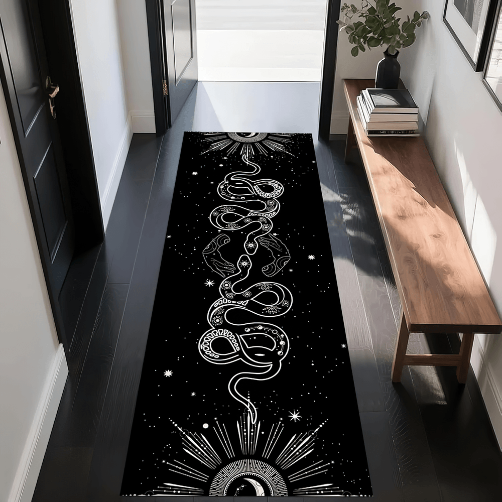 Gothic Hallway Runner Rug with Spooky Art Motifs, featuring snake and celestial designs in a dark hallway setting.