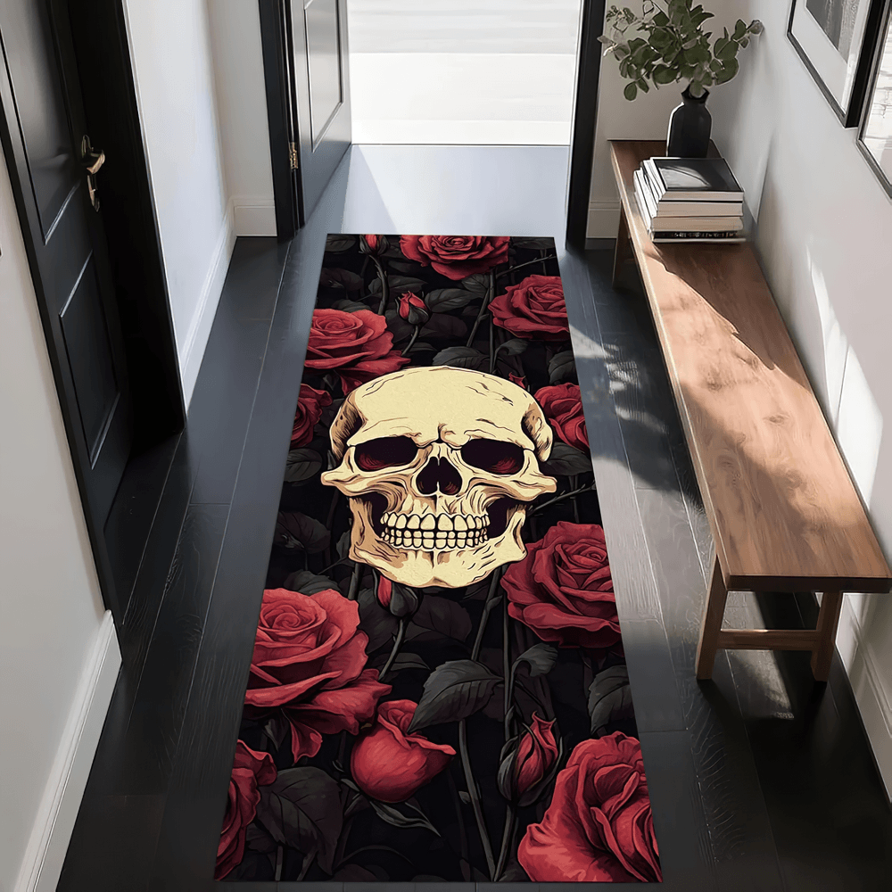 Gothic Hallway Runner Rug with Spooky Art Motifs showcasing skull and roses design in stylish hallway.