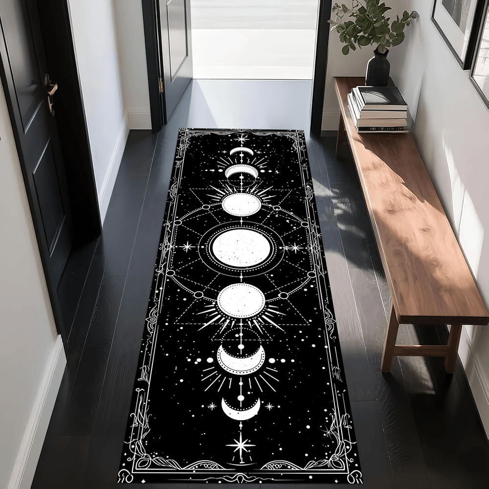 Gothic Hallway Runner Rug with Spooky Art Motifs displayed in a modern entryway, featuring celestial and spooky designs.