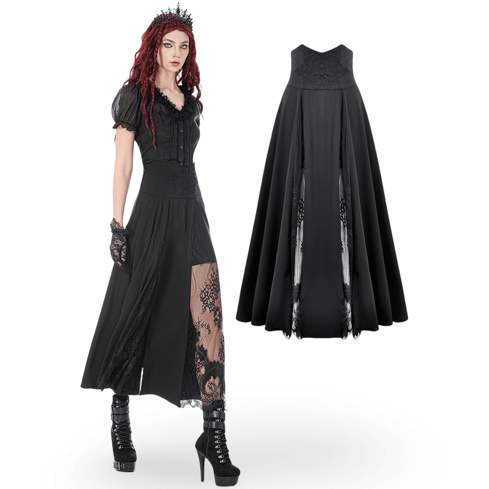 Gothic High Waist Maxi Skirt with Lace Panels model wearing black gothic maxi skirt with lace details and high waist design.