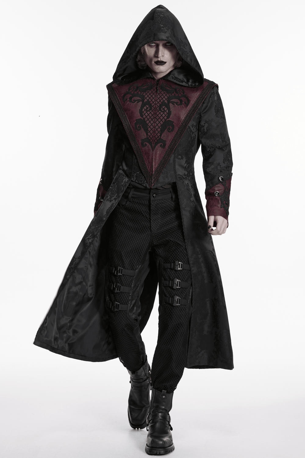 Gothic Hooded Jacquard Long Coat with Leather Trim worn by a model, showcasing its dramatic hood and ornate embroidery.