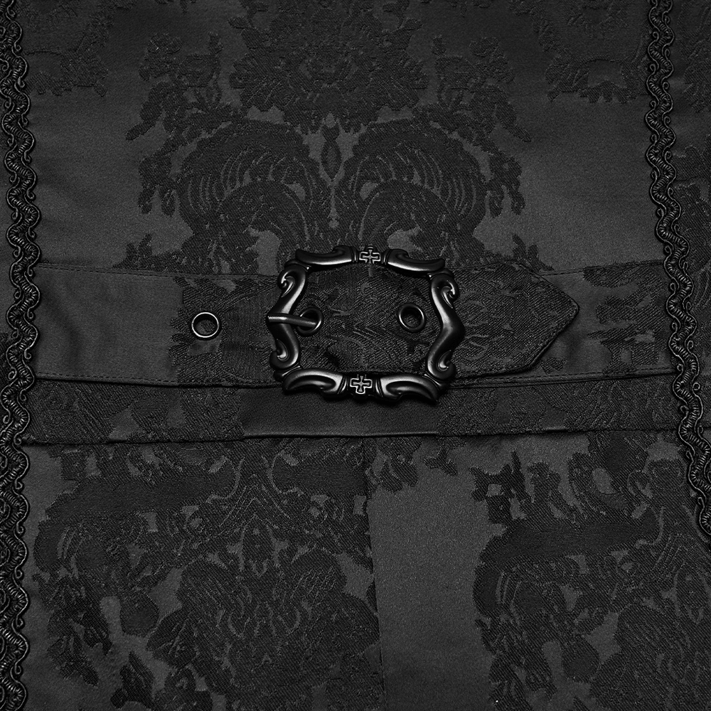 Gothic Hooded Jacquard Long Coat with Leather Trim detailed view, featuring ornate black embroidery and a gem buckle.