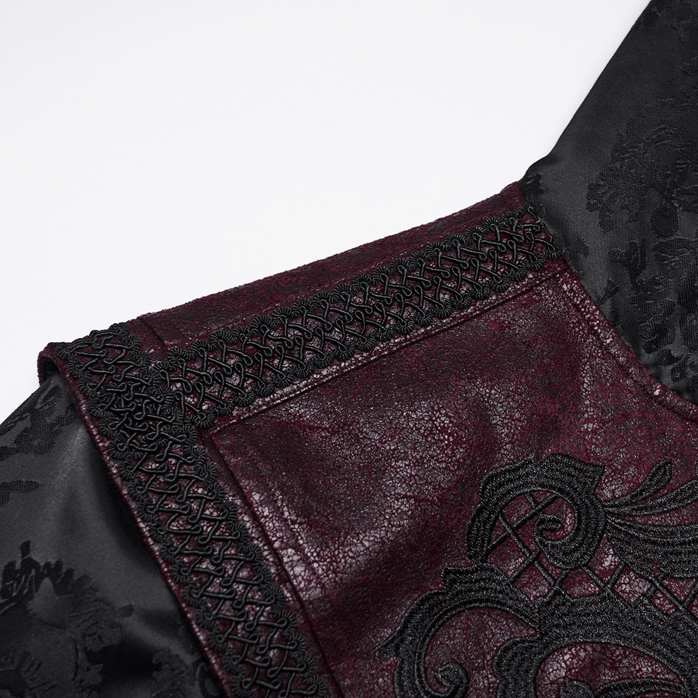 Gothic Hooded Jacquard Long Coat with Leather Trim showcasing intricate embroidery and rich textures.