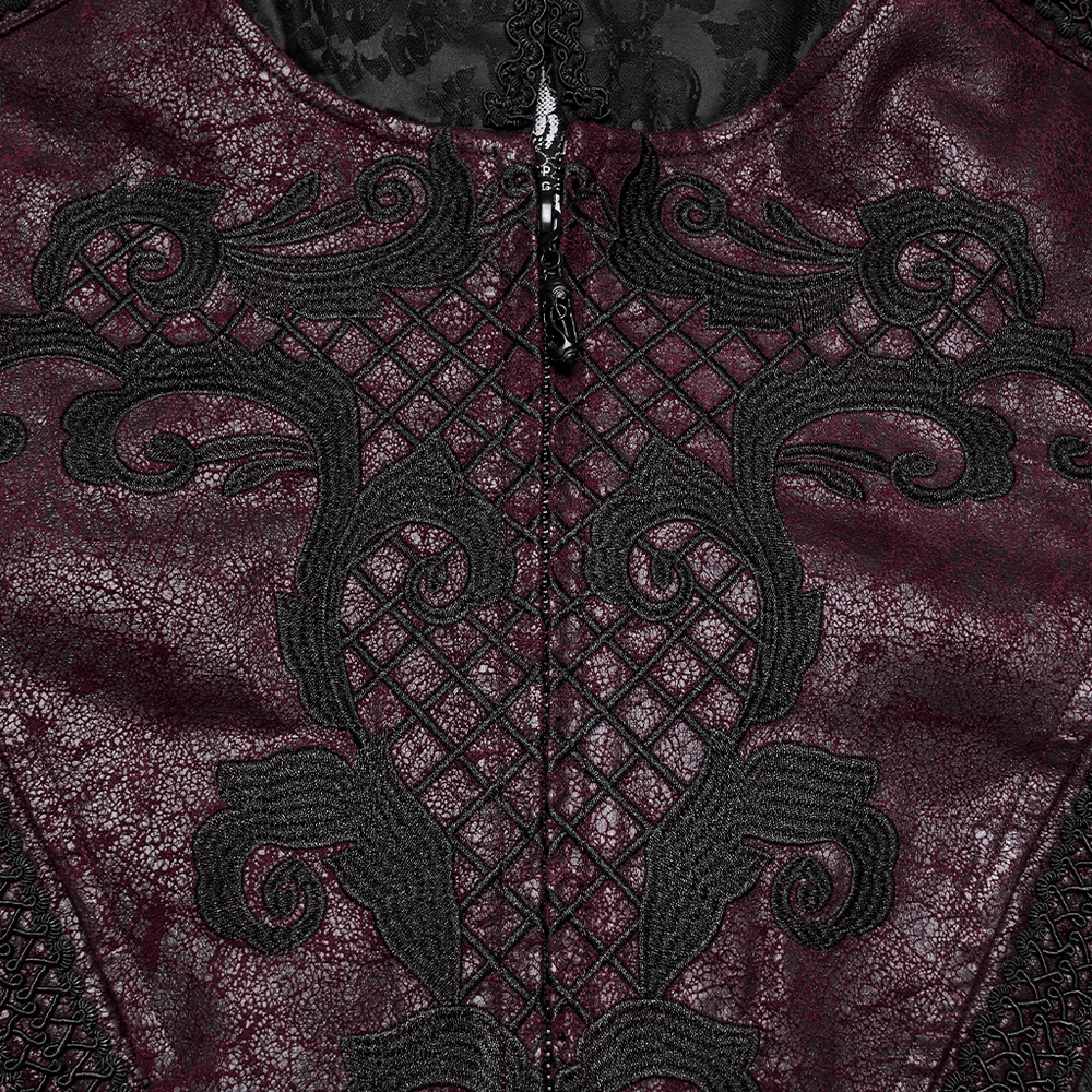 Gothic Hooded Jacquard Long Coat with Leather Trim featuring ornate embroidery and rich textures in dark colors.