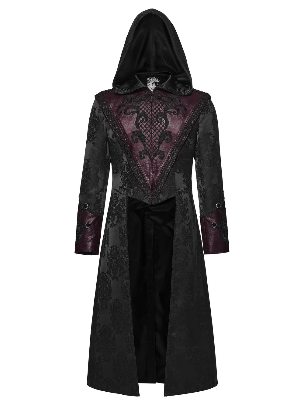 Gothic Hooded Jacquard Long Coat with Leather Trim featuring dark fabric and ornate embroidery for a bold style.