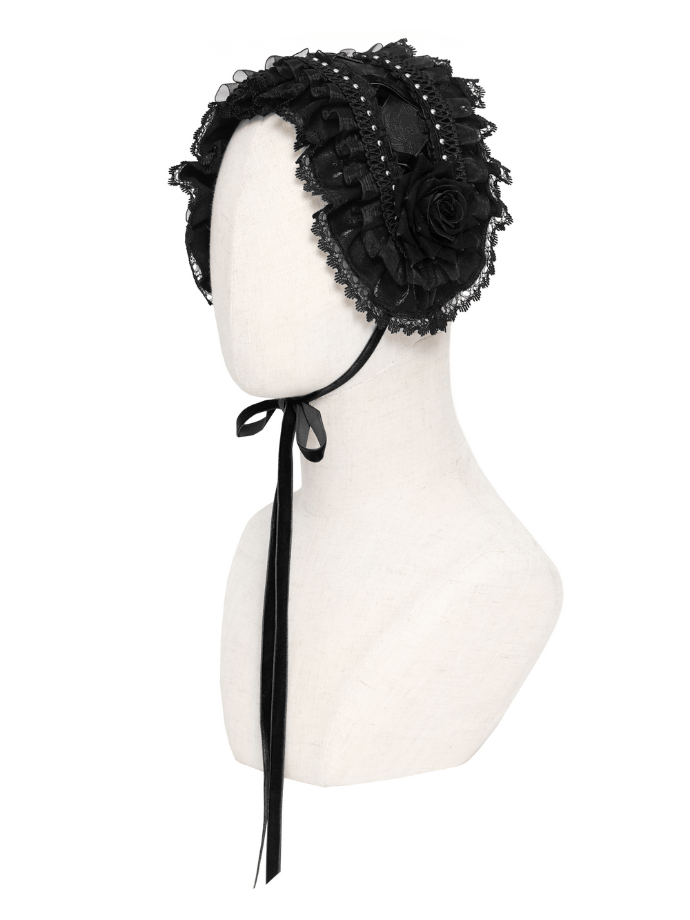 Gothic Lace Bonnet Headpiece with Rose Details showcased on a mannequin against a white background, elegant and stylish.