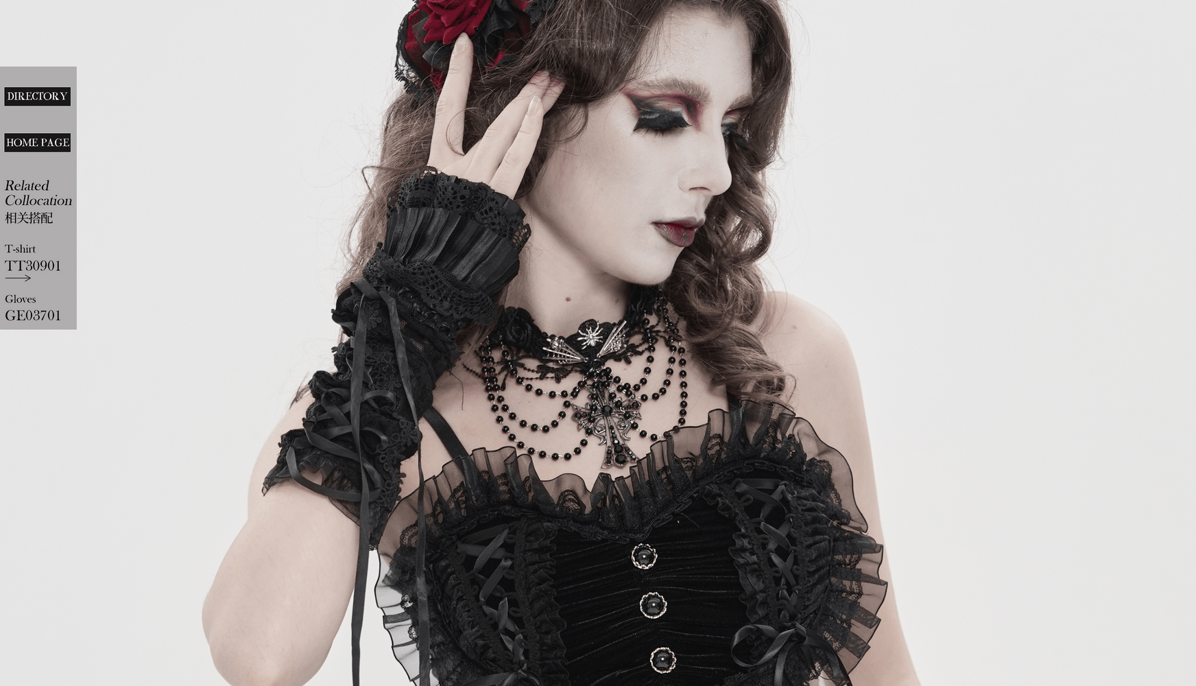 Gothic Lace Choker Necklace with Cross Pendant worn by model in Victorian outfit, showcasing rose lace details and layered beaded drapes.