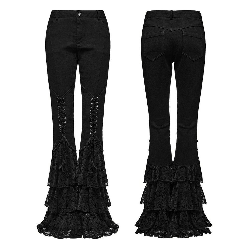 Gothic lace flared pants with V-shaped drawstring and stacked lace hem, perfect for edgy, rebellious style.
