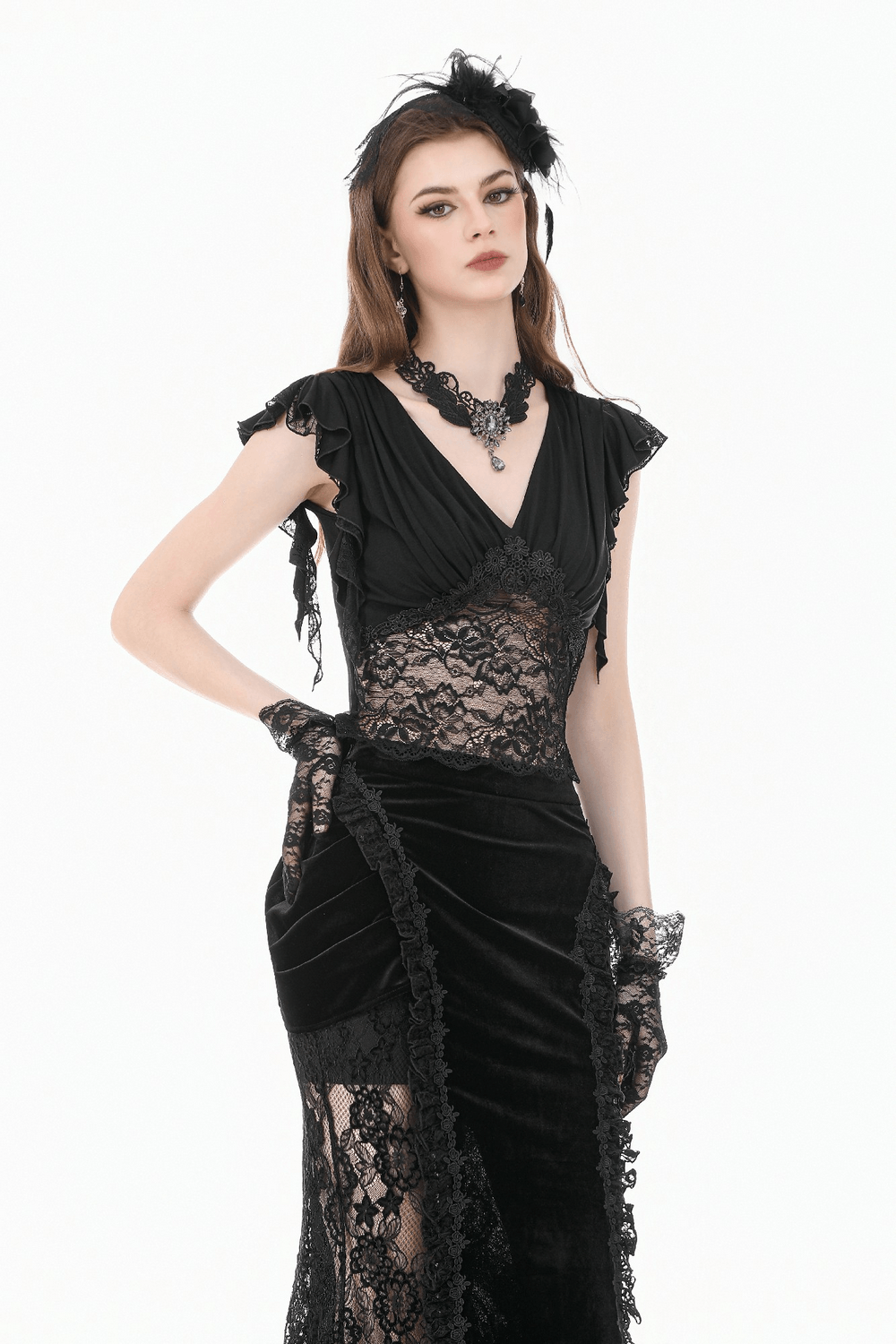 Gothic Lace Flutter Sleeve V-Neck Top for Women paired with a dramatic black skirt and exquisite lace details.