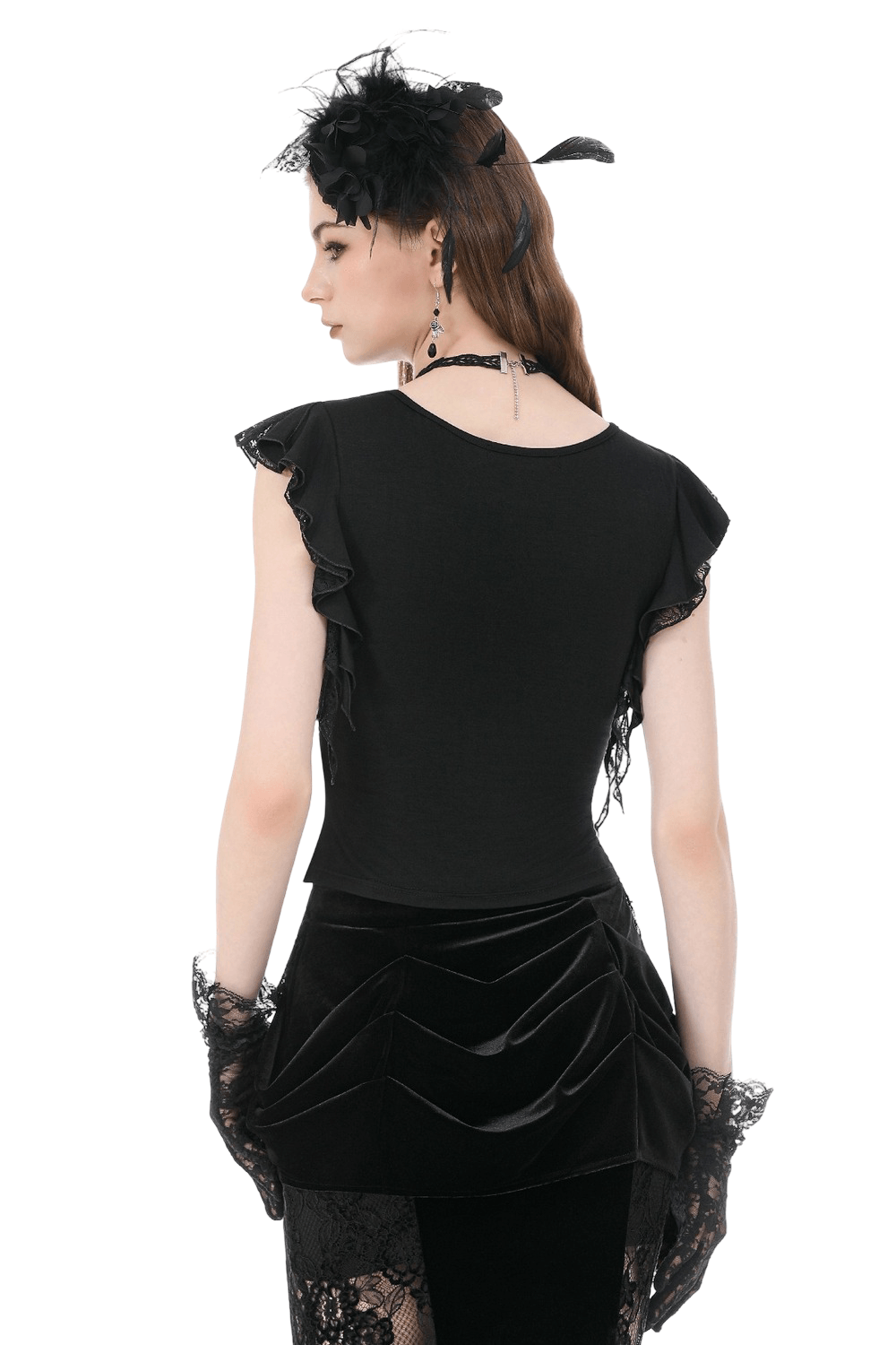 Gothic Lace Flutter Sleeve V-Neck Top for Women featuring flutter sleeves and elegant black design.