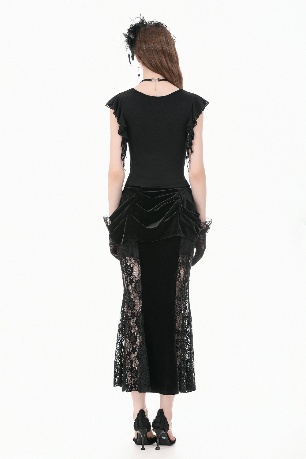 Back view of Gothic Lace Flutter Sleeve V-Neck Top for Women, showing lace and velvet detail.