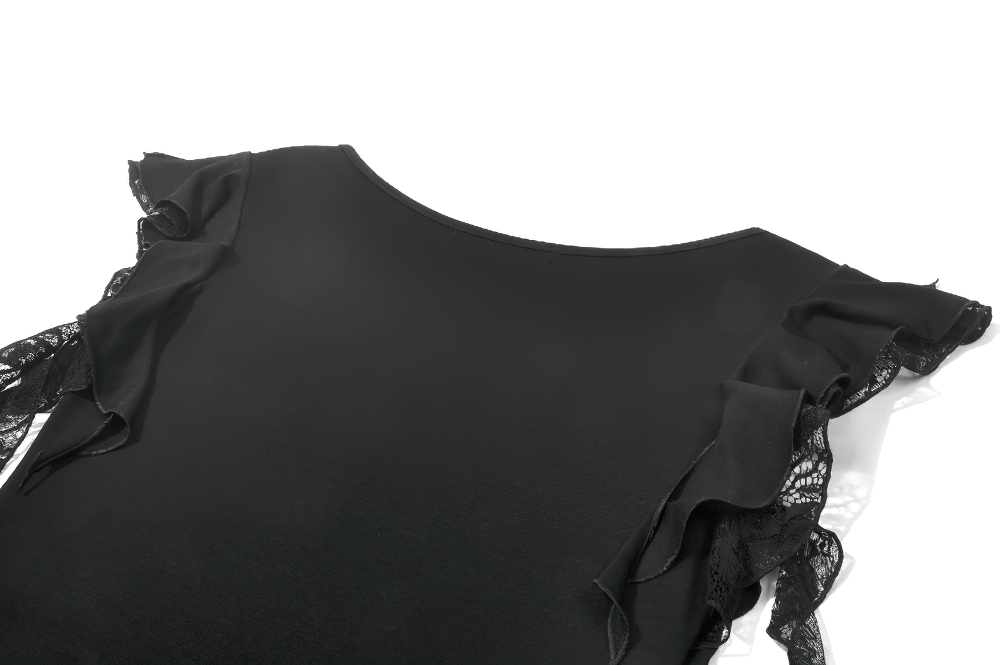 Gothic Lace Flutter Sleeve V-Neck Top for Women showcasing flutter sleeves and lace trim in black fabric.