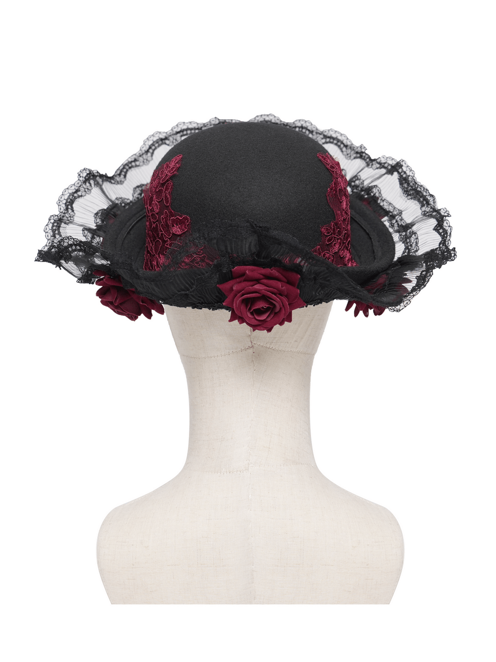 Gothic Lace Hat with Burgundy Roses and Veil Trim featuring black floral details and dramatic ruffles.