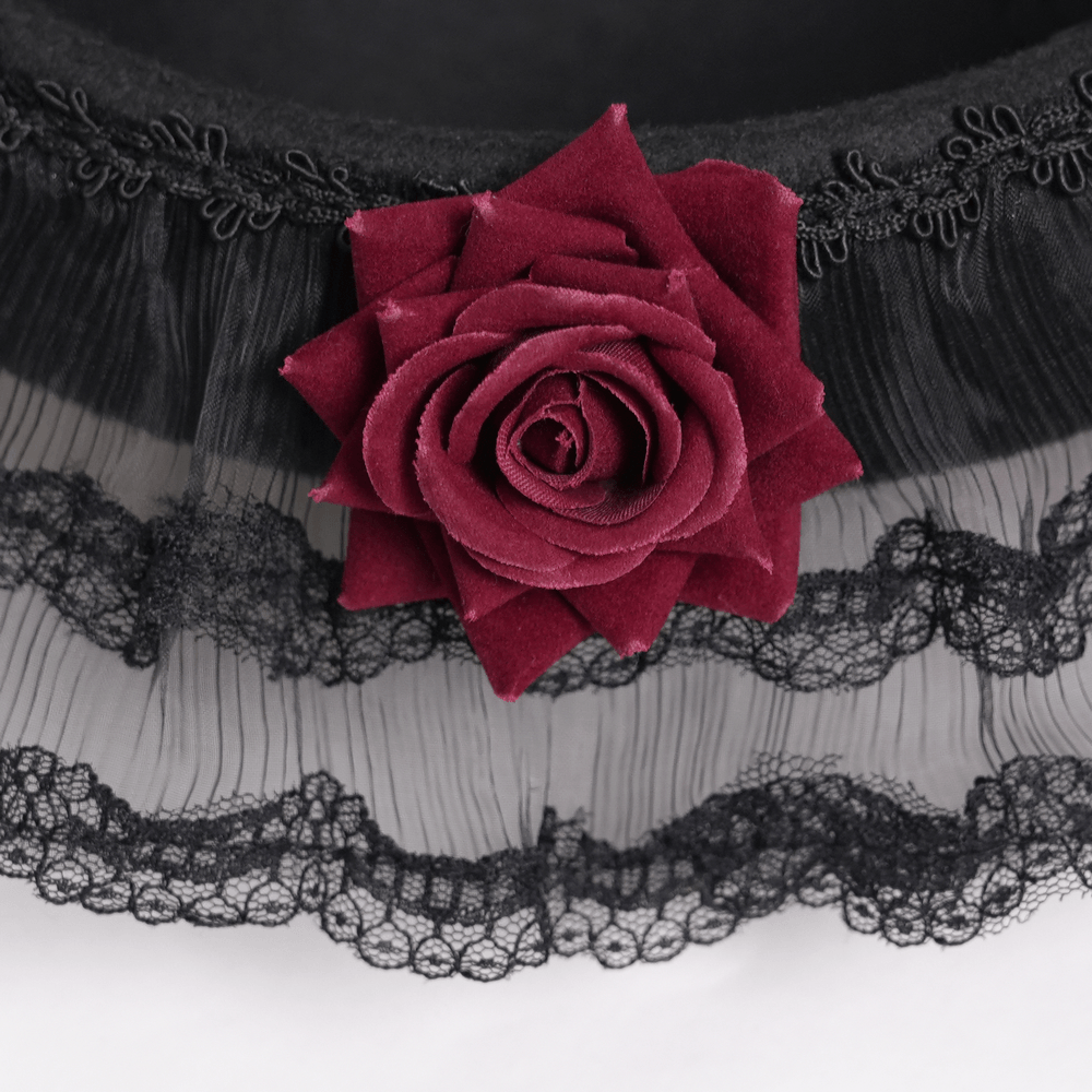 Gothic Lace Hat with Burgundy Roses and Veil Trim featuring a burgundy rose and black mesh ruffle detail.