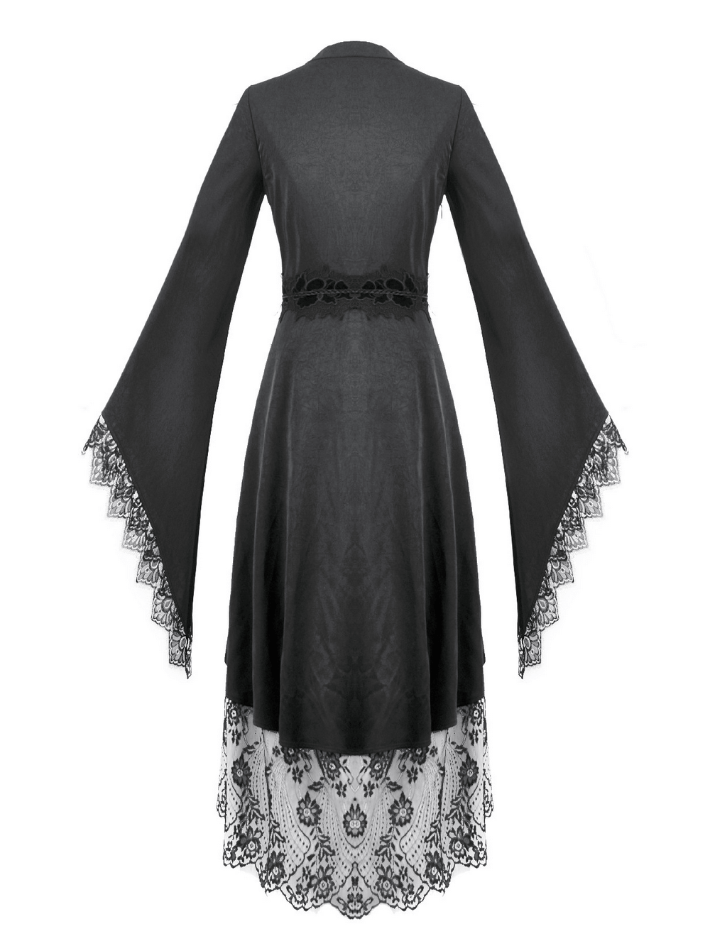 Gothic Lace Kimono Sleeved High Low Midi Dress showcasing dramatic bell sleeves and lace details.