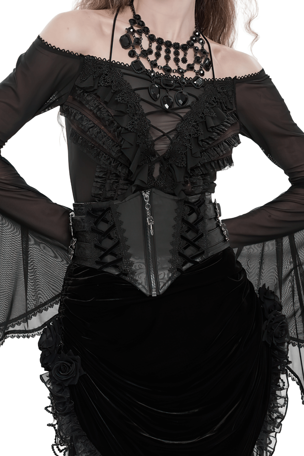Gothic Lace-Up Black Corset Waist Belt with Cross Details, showcasing a stylish black corset with intricate lace-up and ruffles.