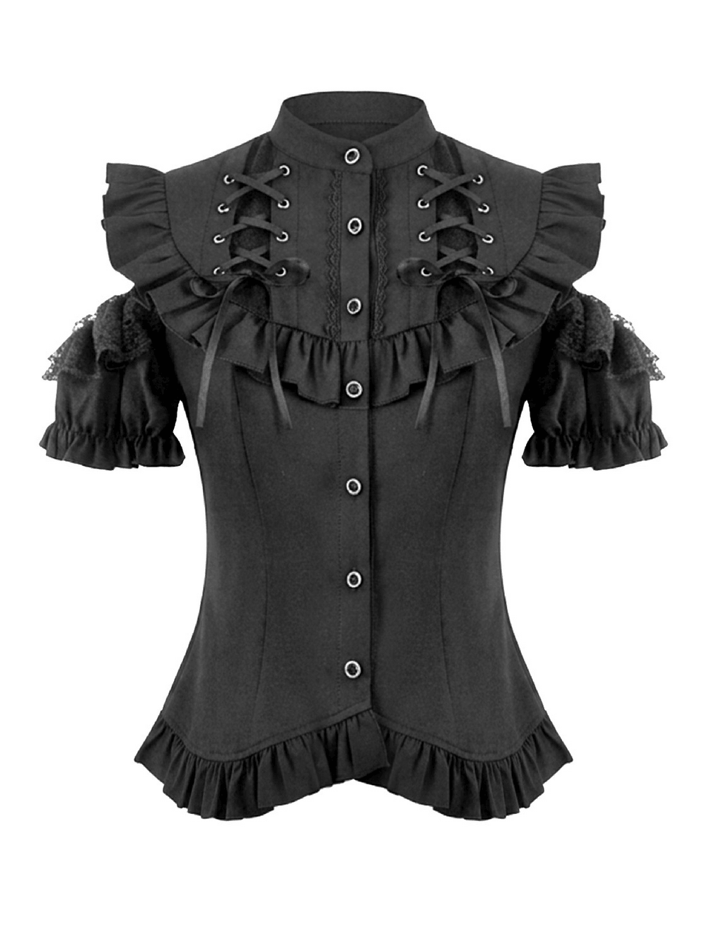 Gothic Lace Up Cold Shoulder Blouse for Women with ruffled front and lace-up details in classic black.