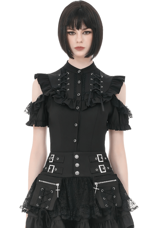 Gothic Lace Up Cold Shoulder Blouse for Women