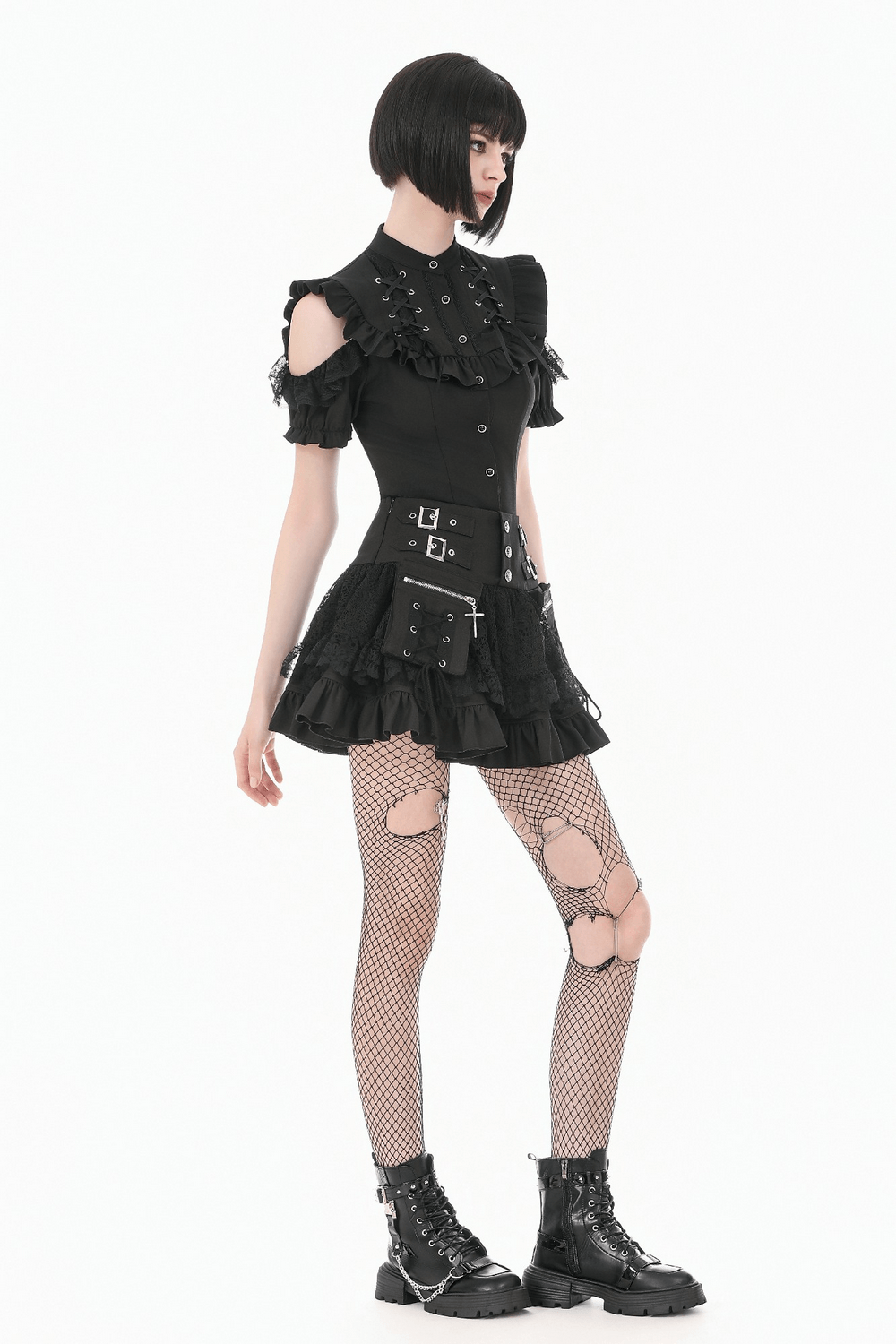 Gothic Lace Up Cold Shoulder Blouse for Women featuring ruffles and lace-up detailing on a stylish model.