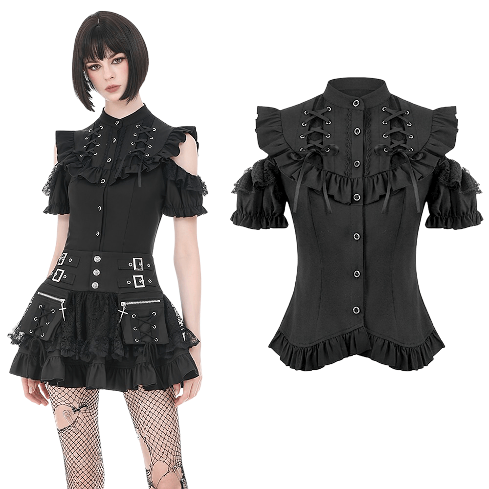 Gothic Lace Up Cold Shoulder Blouse for Women with ruffles and lace-up detail in black.