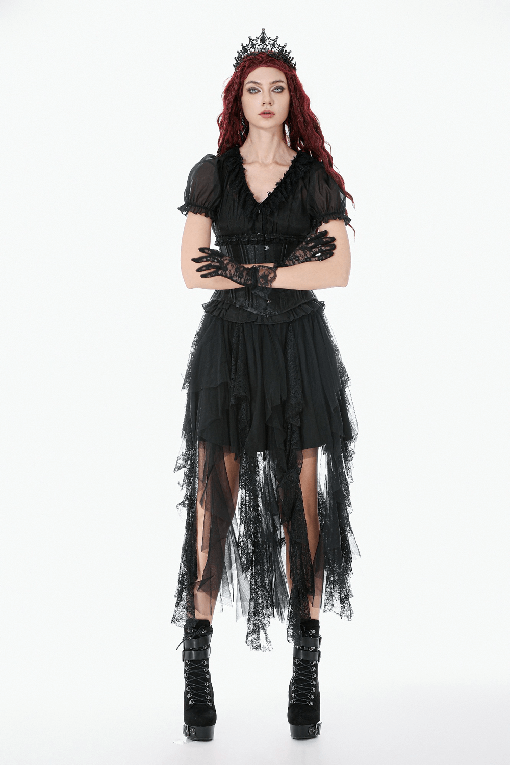 Gothic Layered Tulle Skirt with Asymmetrical Hem showcased by a model in a dramatic outfit.