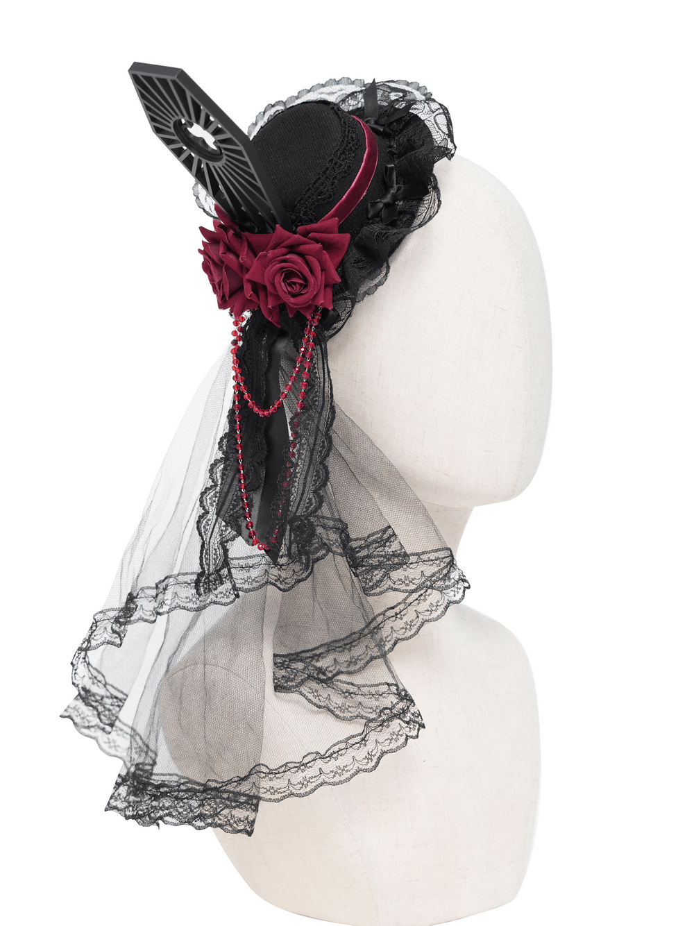 Gothic Mini Top Hat Fascinator with Lace Veil and Roses featuring burgundy roses and cascading bead chains.
