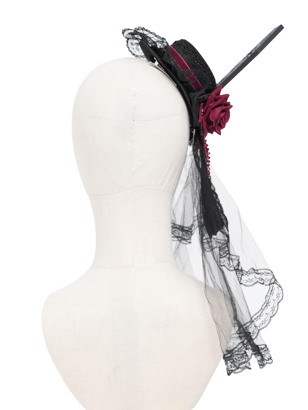 Gothic Mini Top Hat Fascinator with Lace Veil and Roses, featuring burgundy roses and a delicate sheer veil.