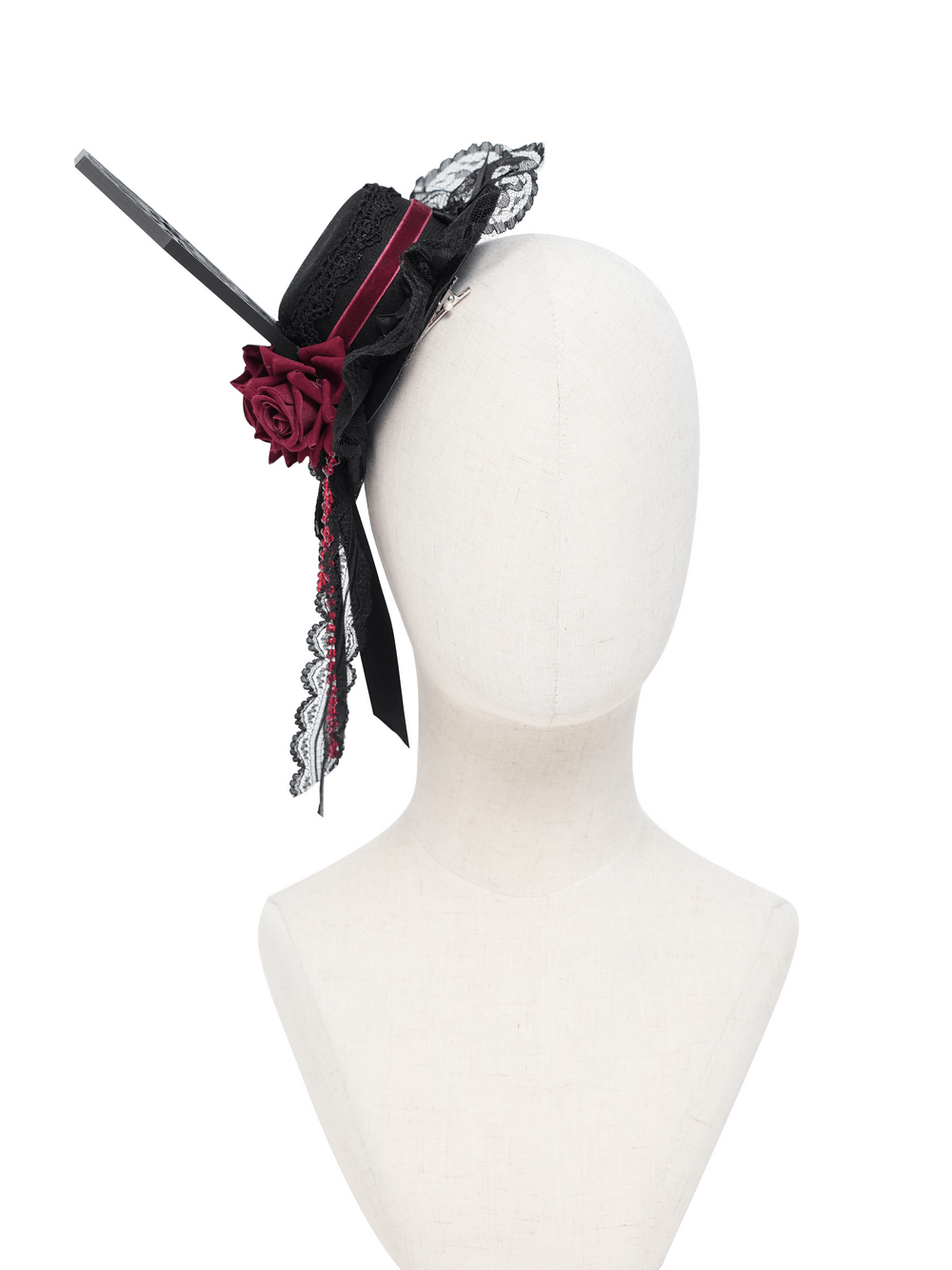 Gothic Mini Top Hat Fascinator with Lace Veil and Roses on a mannequin, adorned with burgundy roses and lace.
