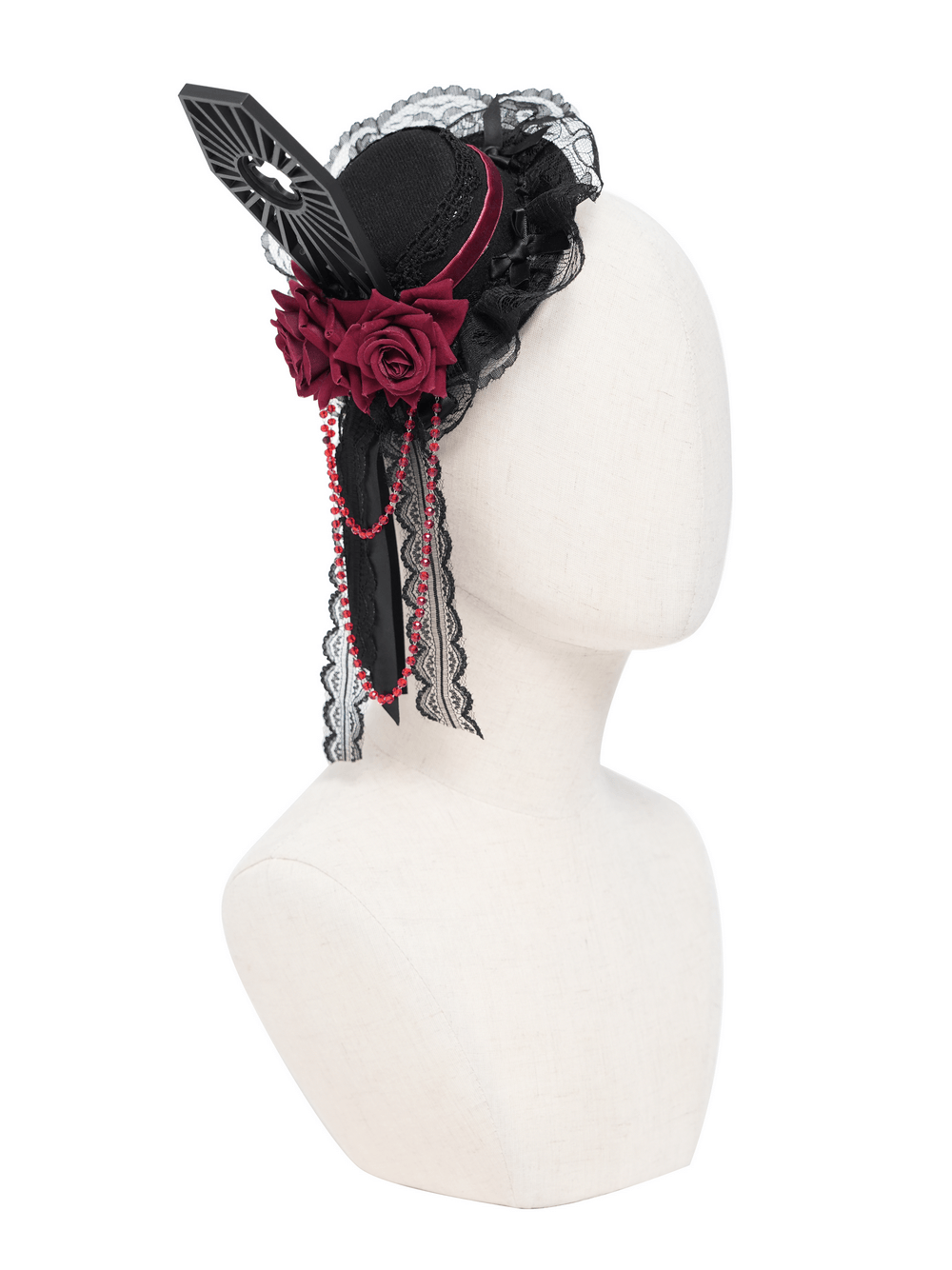 Gothic Mini Top Hat Fascinator with Lace Veil and Roses, adorned with burgundy roses and cascading bead chains.