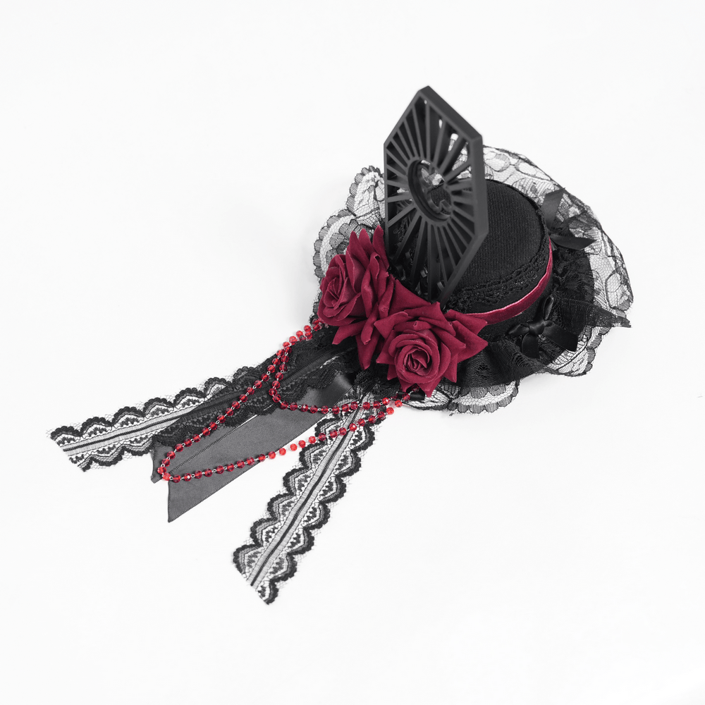 Gothic Mini Top Hat Fascinator with Lace Veil and Roses featuring burgundy roses and lace details.