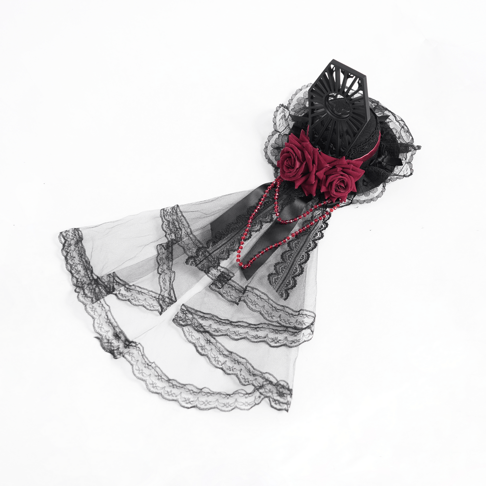 Gothic Mini Top Hat Fascinator with Lace Veil and Roses featuring black lace and burgundy roses.