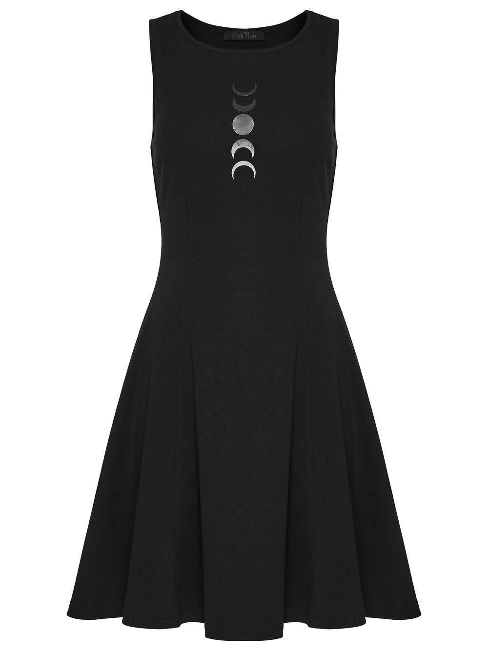Alt Tag: Gothic Moon Phase Skater Black Dress for Women with gradient crescent moon print, ribbed sleeveless fit-and-flare