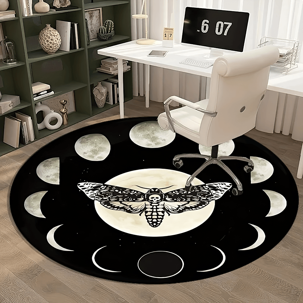 Gothic Moon Round Rug for Bohemian Living Rooms in a stylish workspace featuring lunar moth art and moon phases.