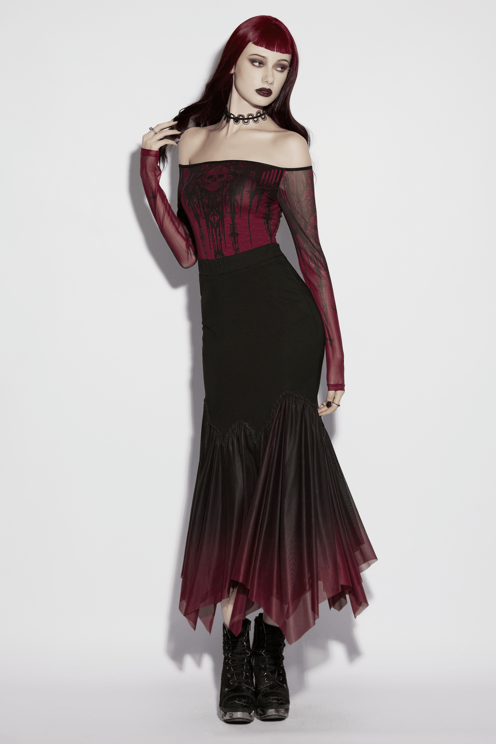 Gothic Ombre Mesh Mermaid Maxi Skirt for Women styled with a dark romantic top and edgy boots.