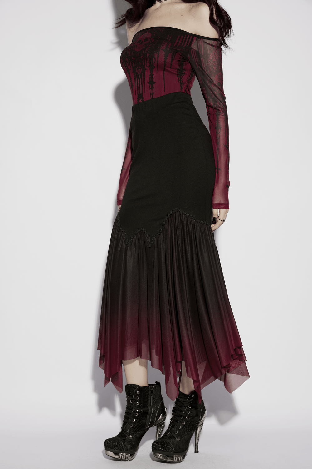 Gothic Ombre Mesh Mermaid Maxi Skirt for Women styled with an off-the-shoulder top and lace-up boots.